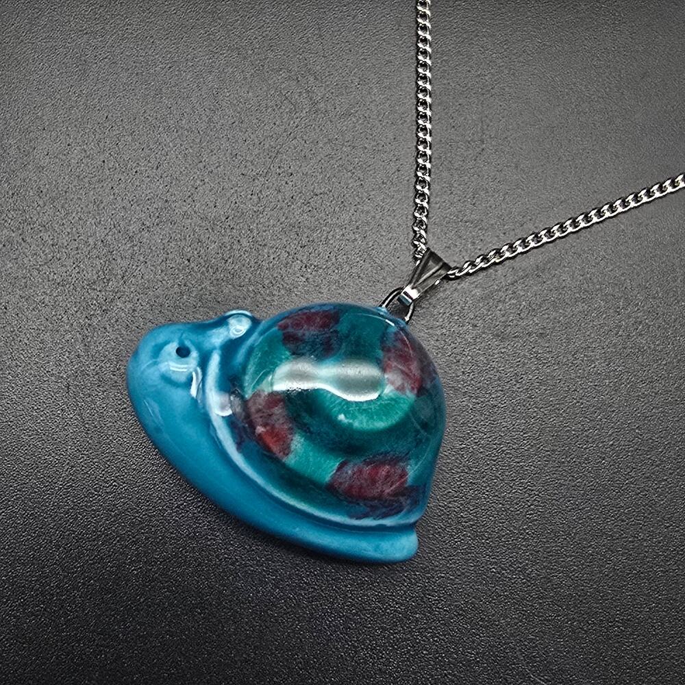 Vintage Blue Ceramic Snail Pendant Necklace 1970s Costume Jewelry